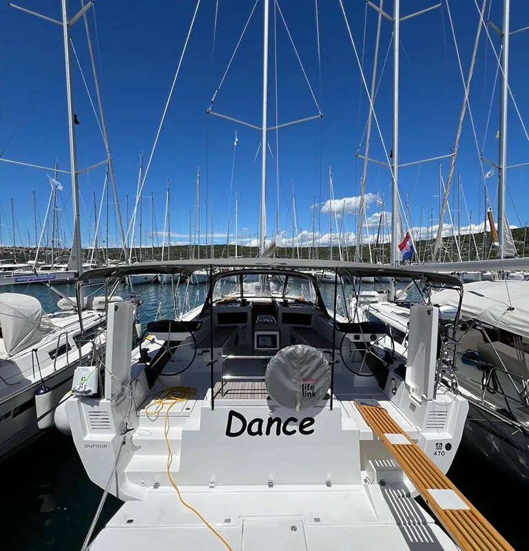 Exterior view of Dance, a Dufour 470 sailboat at Punat, Croatia