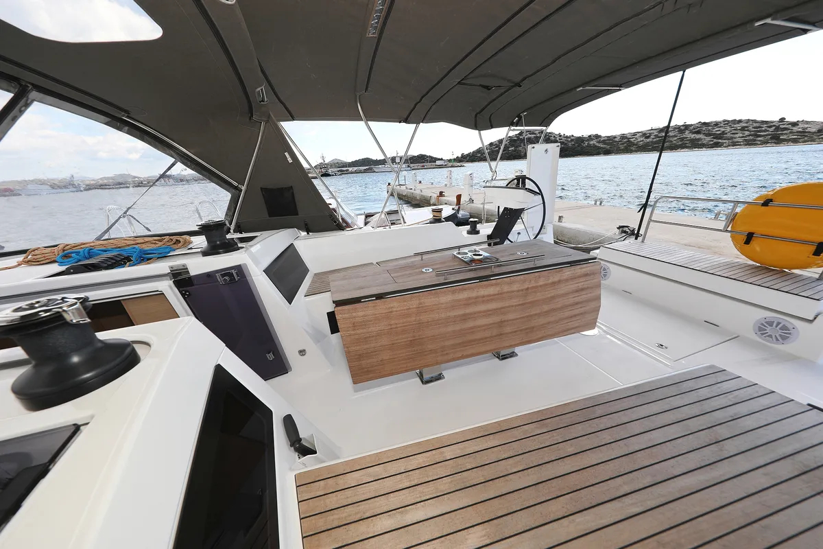 Deck of Dance, a Dufour 470 sailboat at Punat, Croatia