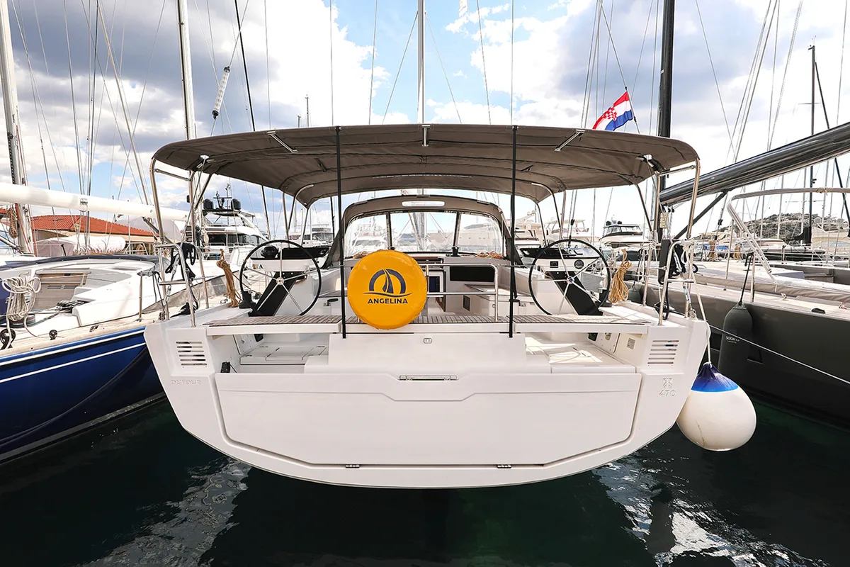 Exterior view of Dance, a Dufour 470 sailboat at Punat, Croatia