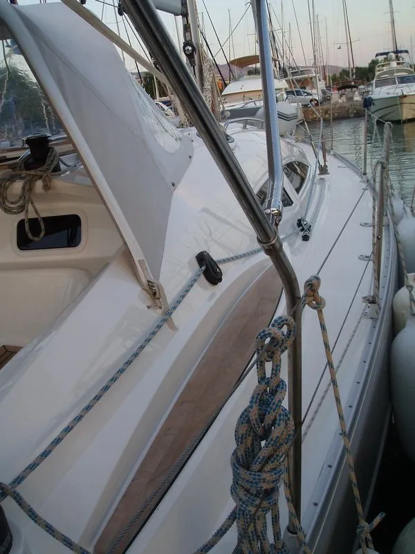 Deck of Artemis, a Elan 384 Impression sailboat at Kos, Greece