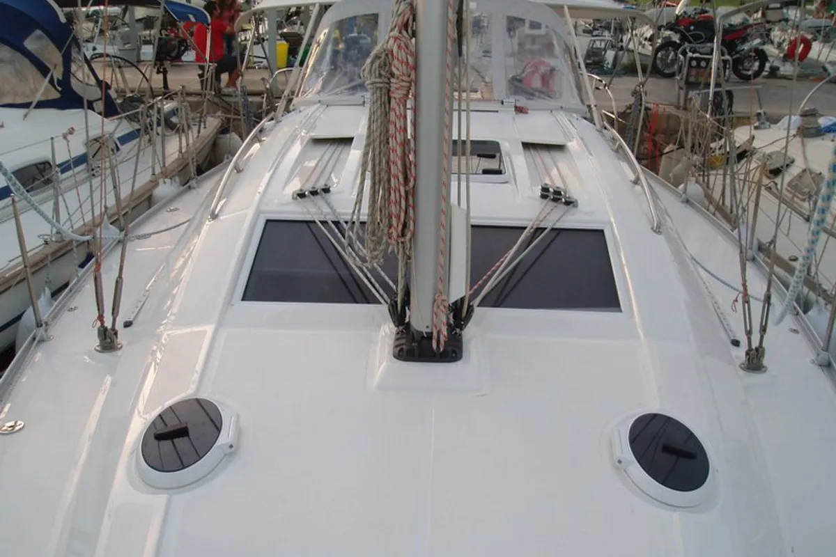 Deck of Artemis, a Elan 384 Impression sailboat at Kos, Greece