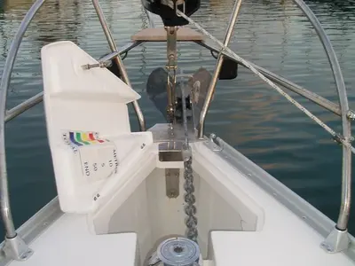 Deck of Artemis, a Elan 384 Impression sailboat at Kos, Greece