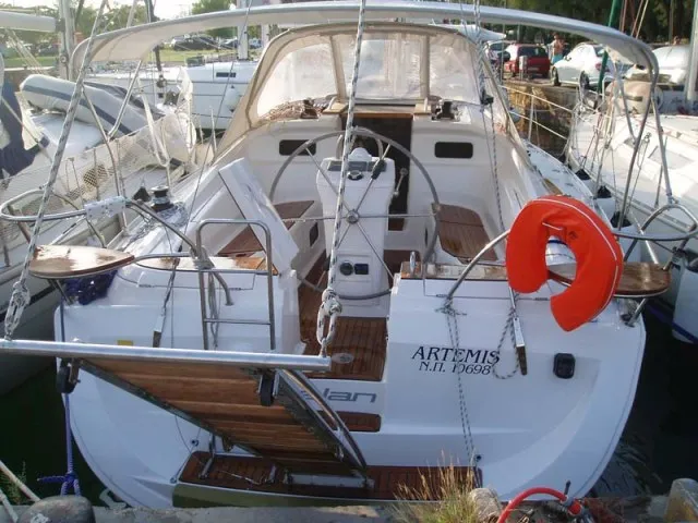 Exterior view of Artemis, a Elan 384 Impression sailboat at Kos, Greece