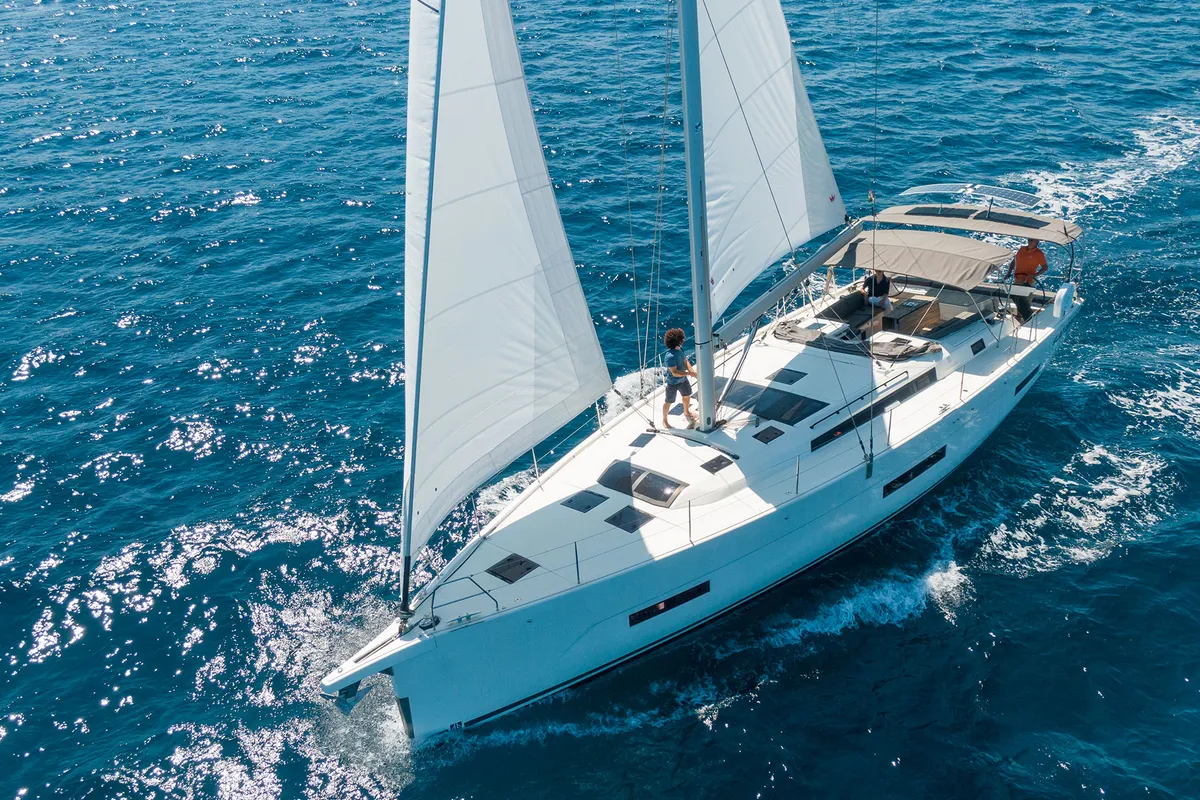 Exterior view of Dufour 530, a sailboat at Cannigione, Italy