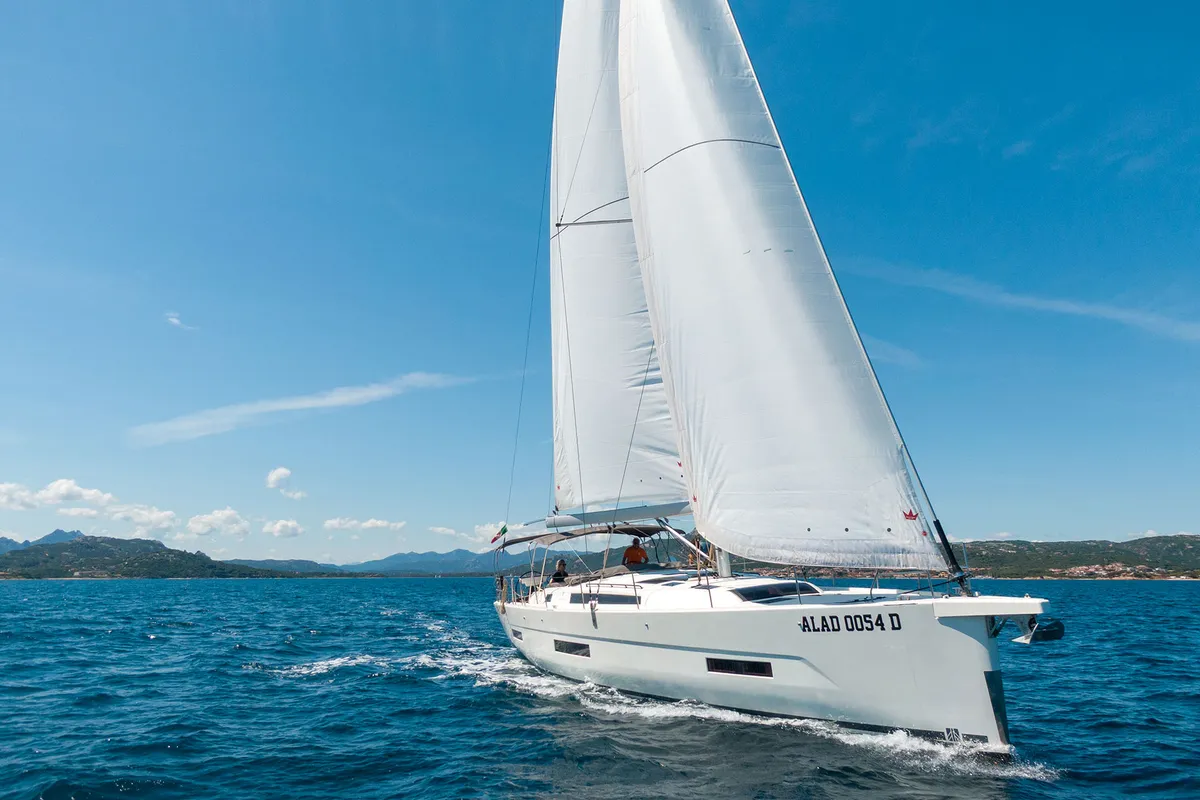 Exterior view of Dufour 530, a sailboat at Cannigione, Italy