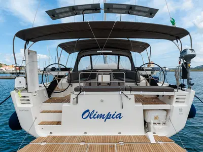 Cockpit of Dufour 530, a sailboat at Cannigione, Italy