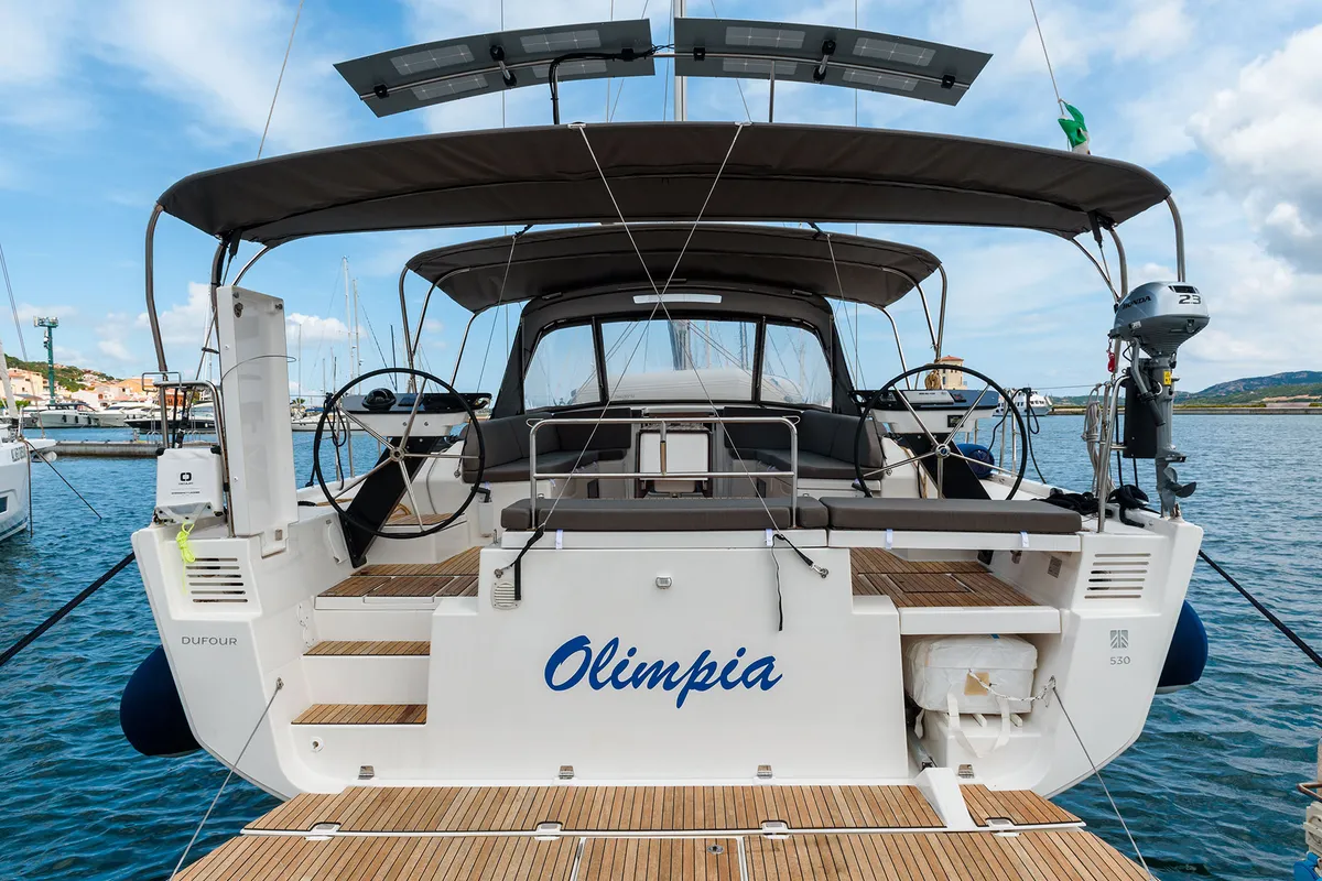 Cockpit of Dufour 530, a sailboat at Cannigione, Italy