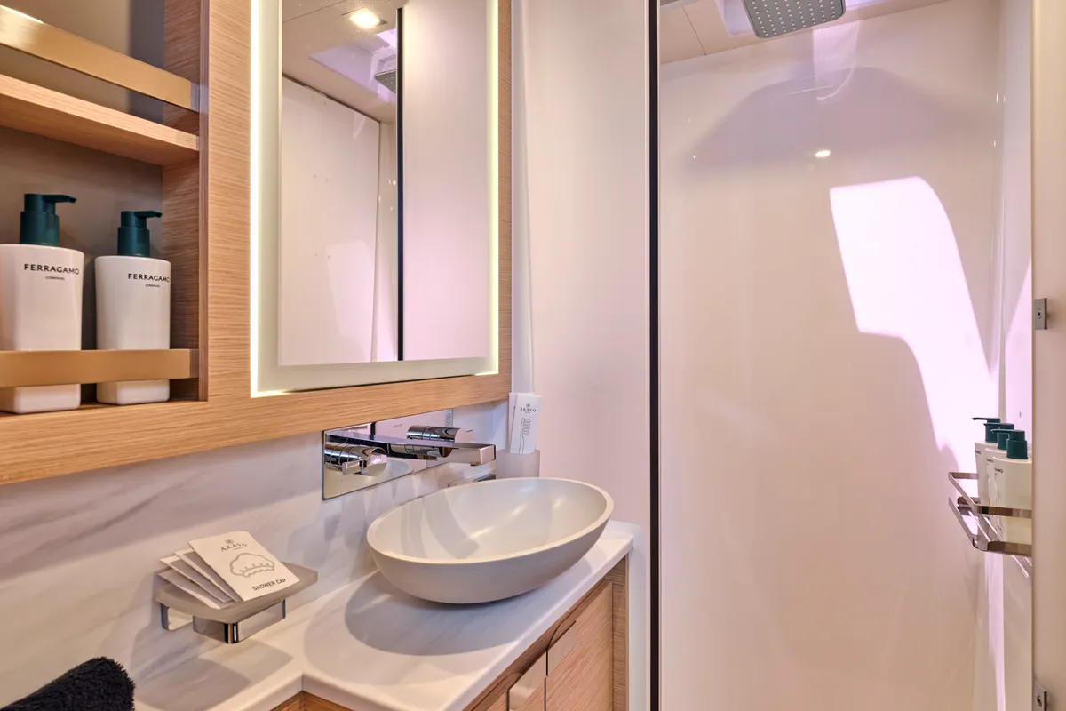Ariva, a Fountaine Pajot Power 67 catamaran at Kontokali, Greece