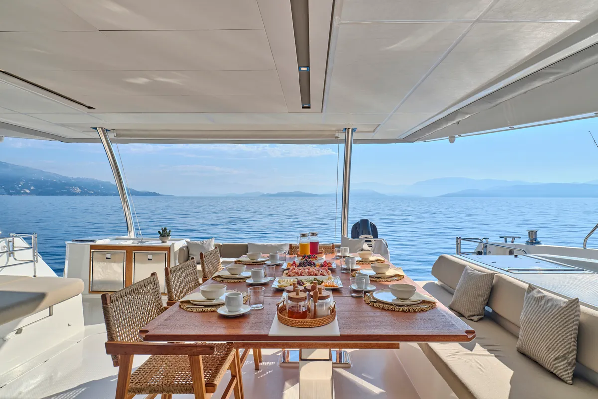 Ariva, a Fountaine Pajot Power 67 catamaran at Kontokali, Greece