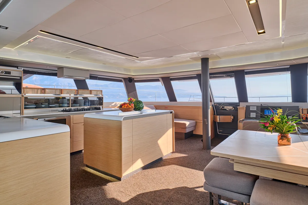 Ariva, a Fountaine Pajot Power 67 catamaran at Kontokali, Greece