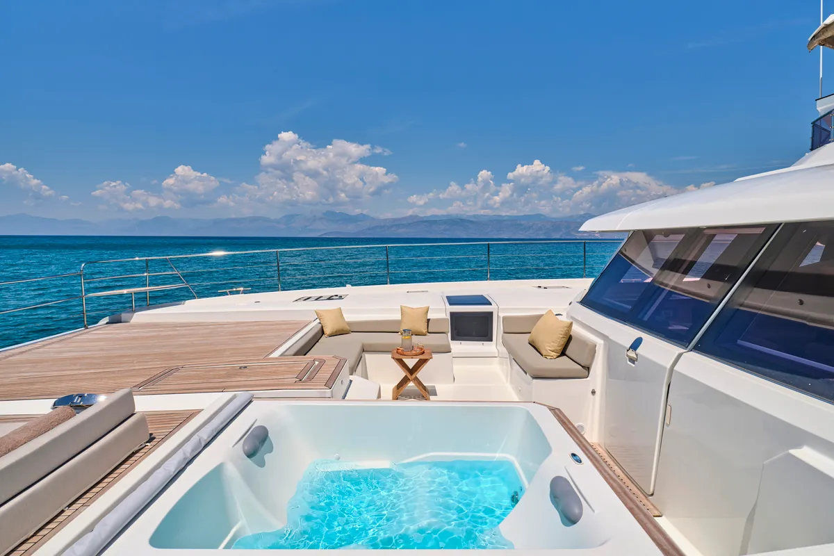 Ariva, a Fountaine Pajot Power 67 catamaran at Kontokali, Greece