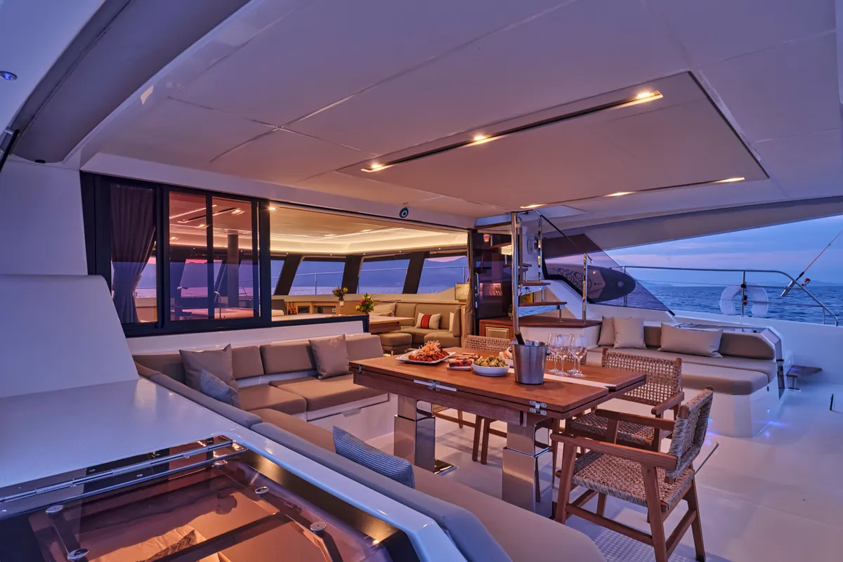 Ariva, a Fountaine Pajot Power 67 catamaran at Kontokali, Greece