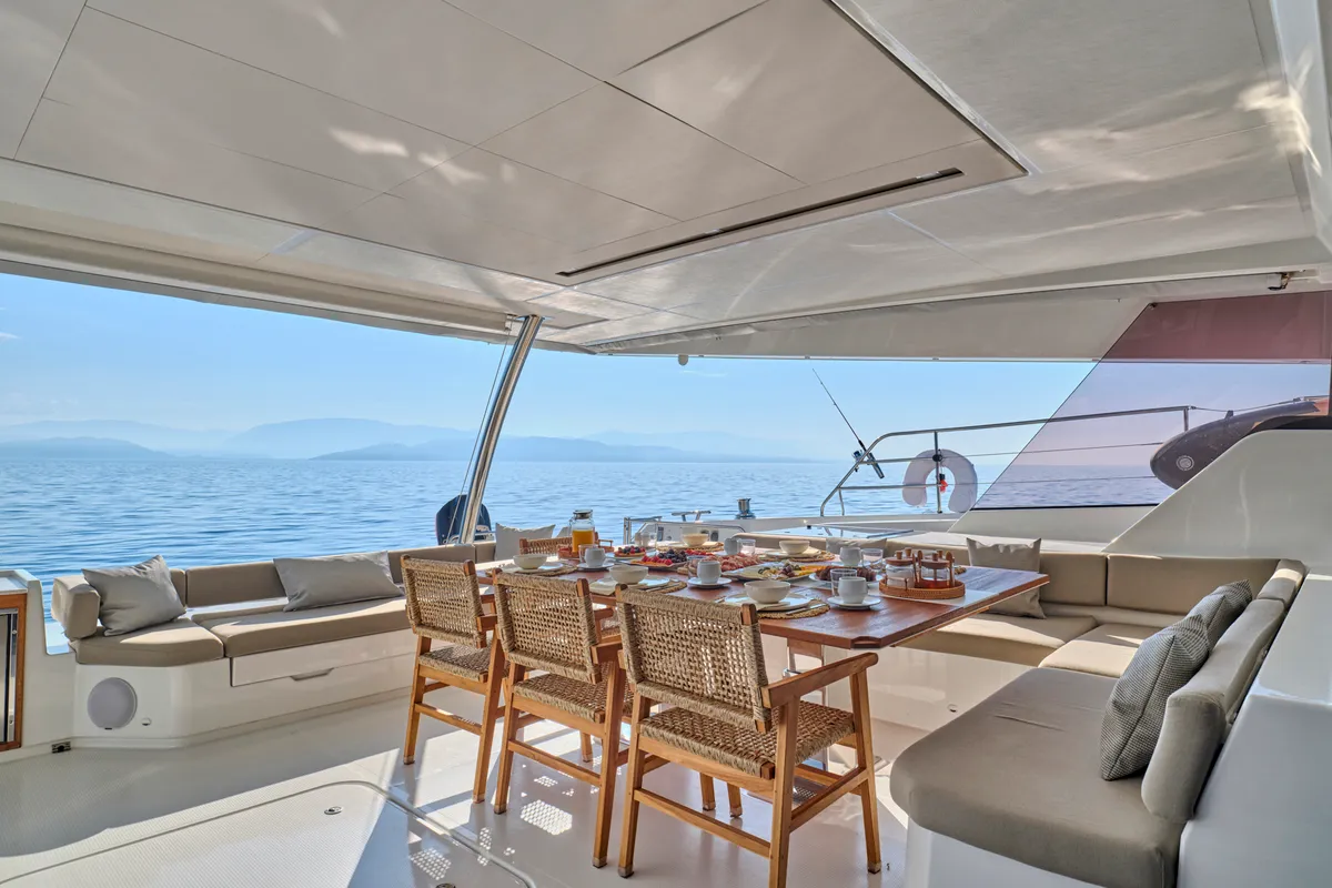 Ariva, a Fountaine Pajot Power 67 catamaran at Kontokali, Greece