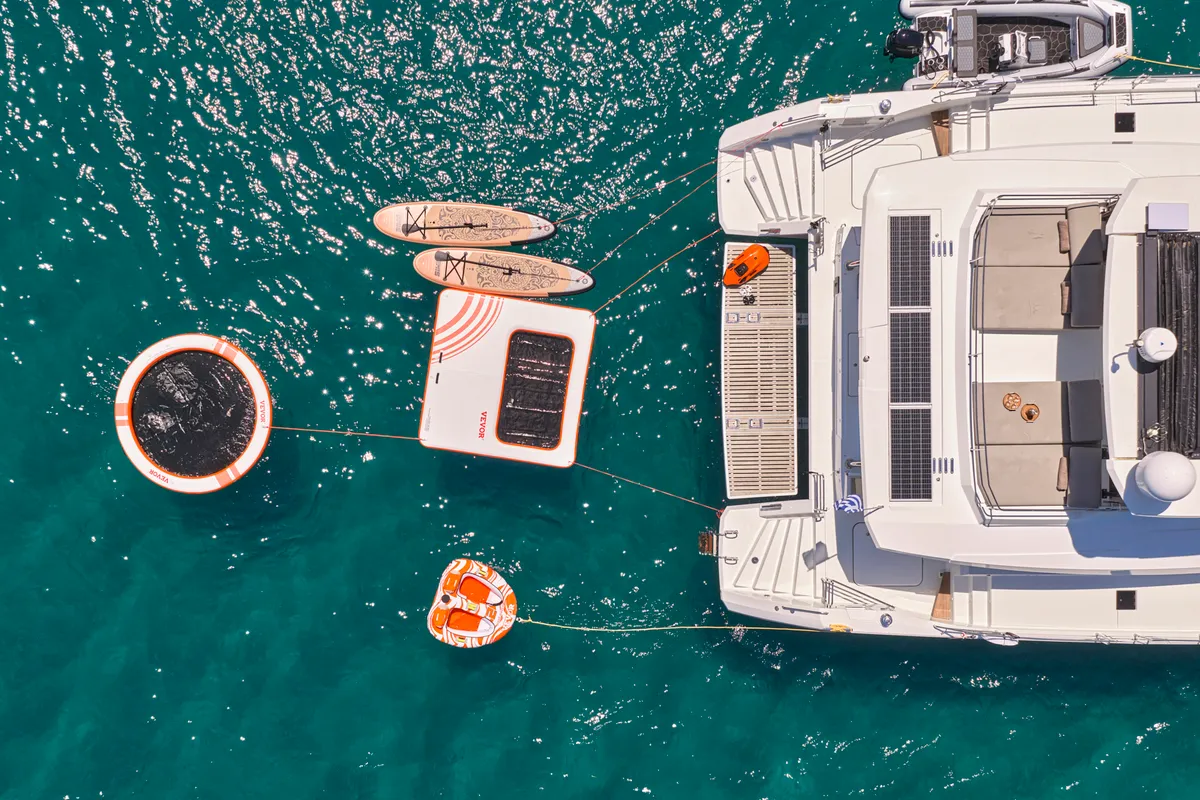 Ariva, a Fountaine Pajot Power 67 catamaran at Kontokali, Greece