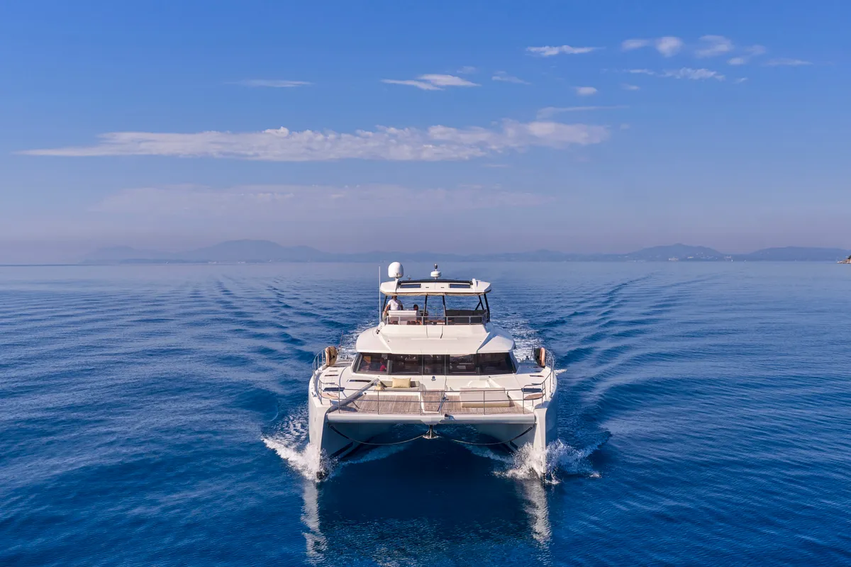 Ariva, a Fountaine Pajot Power 67 catamaran at Kontokali, Greece