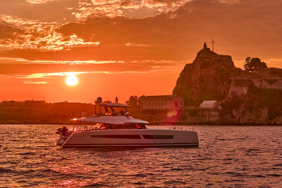 Ariva, a Fountaine Pajot Power 67 catamaran at Kontokali, Greece