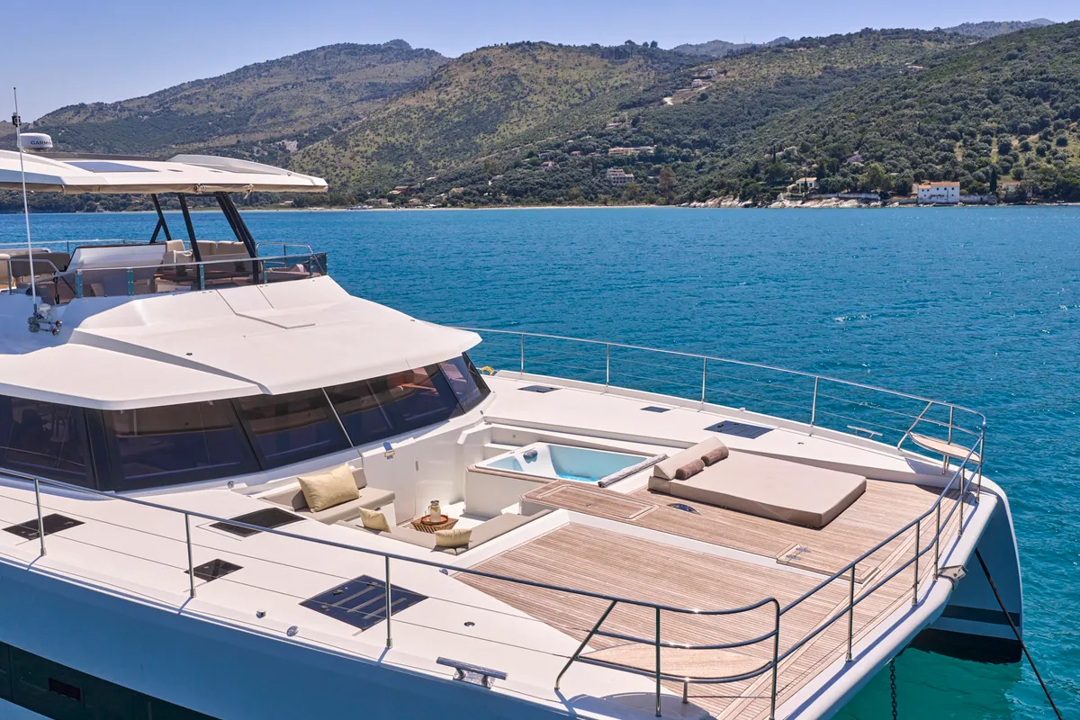 Ariva, a Fountaine Pajot Power 67 catamaran at Kontokali, Greece