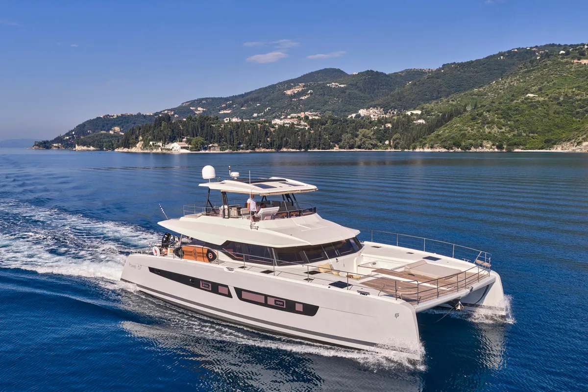 Ariva, a Fountaine Pajot Power 67 catamaran at Kontokali, Greece