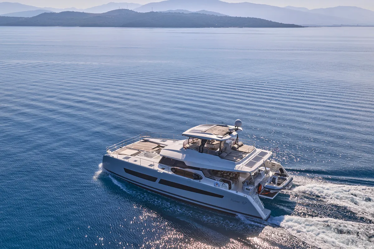 Ariva, a Fountaine Pajot Power 67 catamaran at Kontokali, Greece