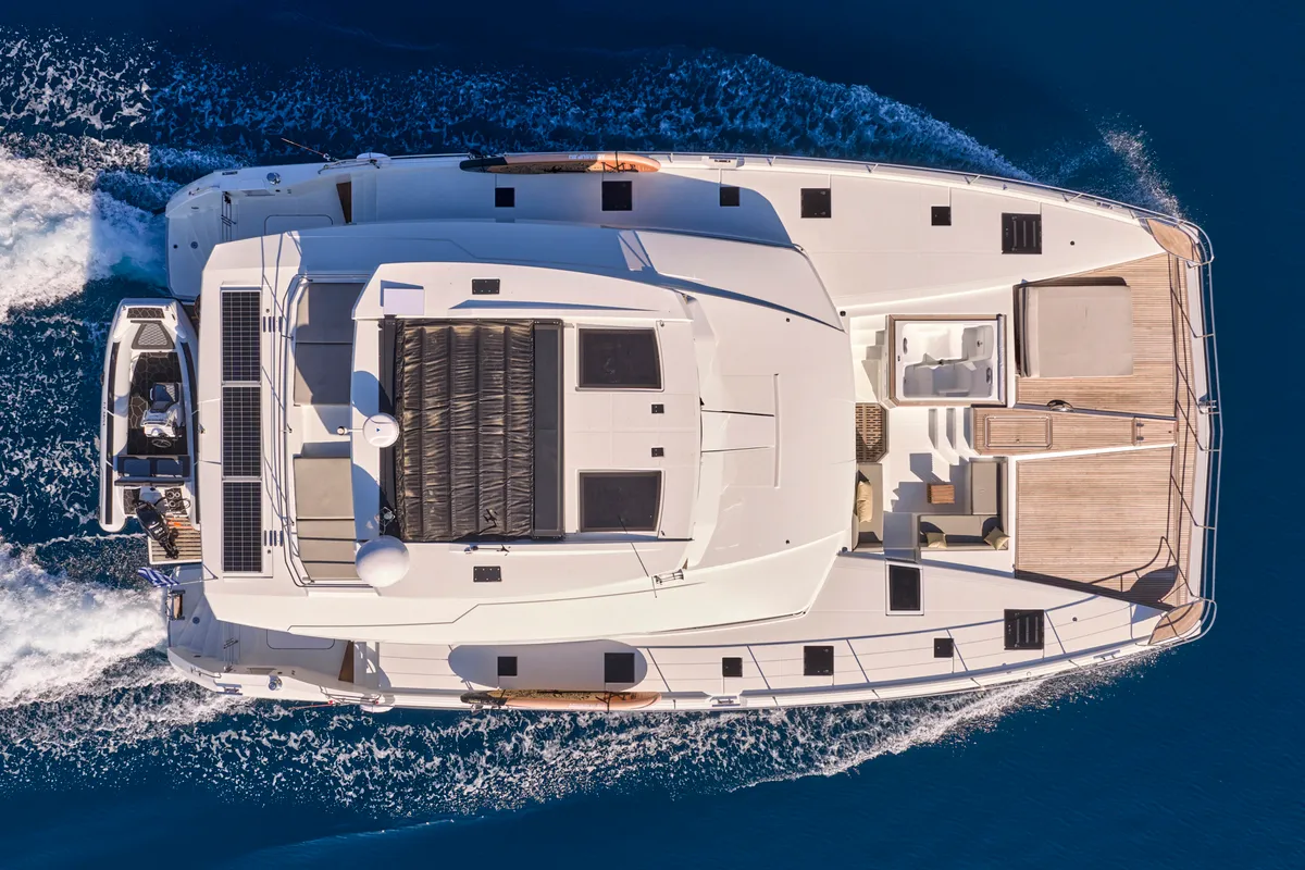 Ariva, a Fountaine Pajot Power 67 catamaran at Kontokali, Greece