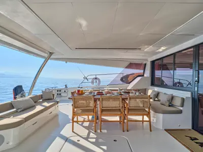 Deck of Ariva, a Fountaine Pajot Power 67 catamaran at Kontokali, Greece