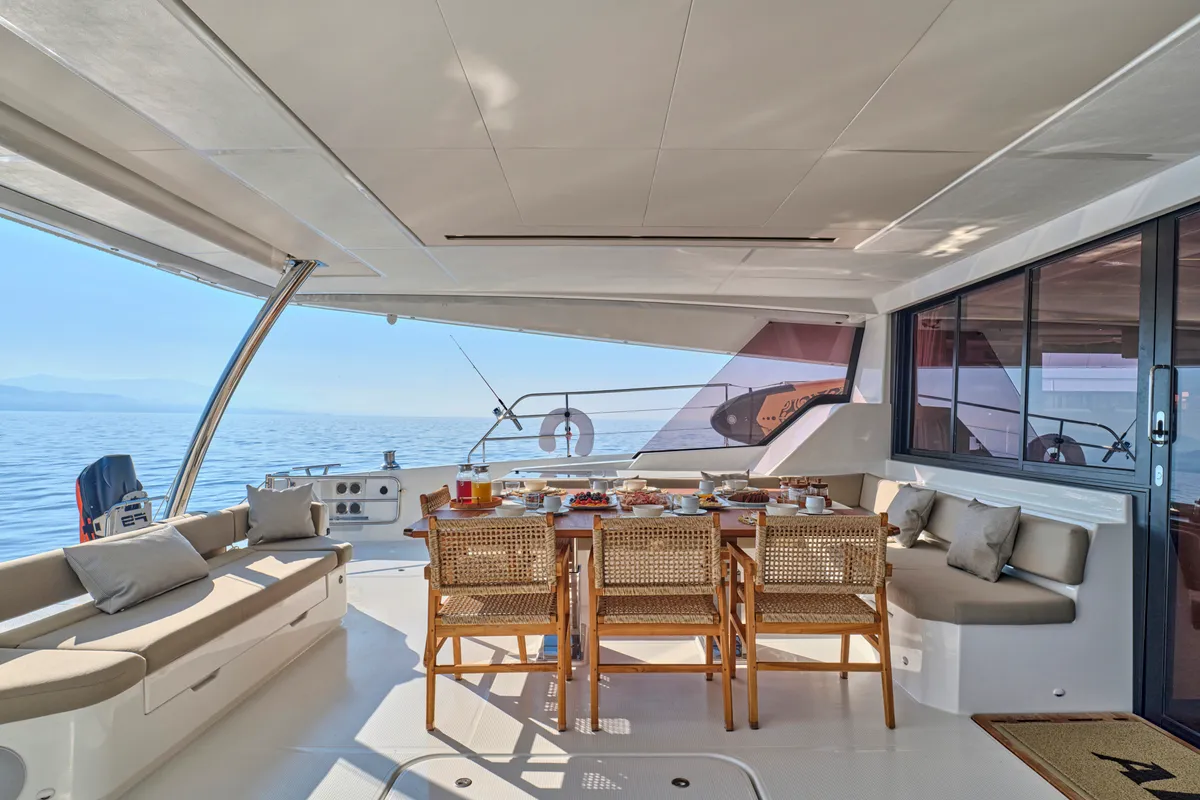 Ariva, a Fountaine Pajot Power 67 catamaran at Kontokali, Greece
