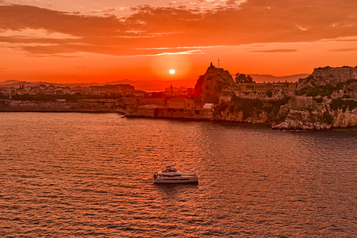 Ariva, a Fountaine Pajot Power 67 catamaran at Kontokali, Greece