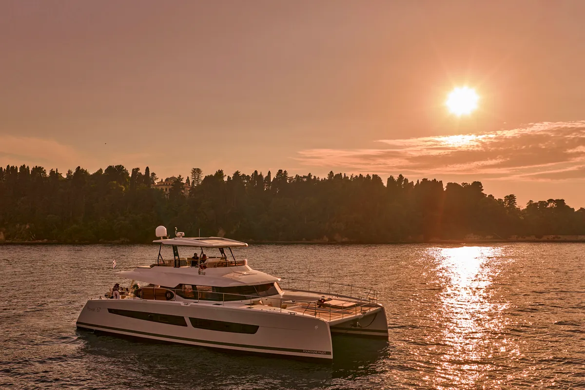 Ariva, a Fountaine Pajot Power 67 catamaran at Kontokali, Greece