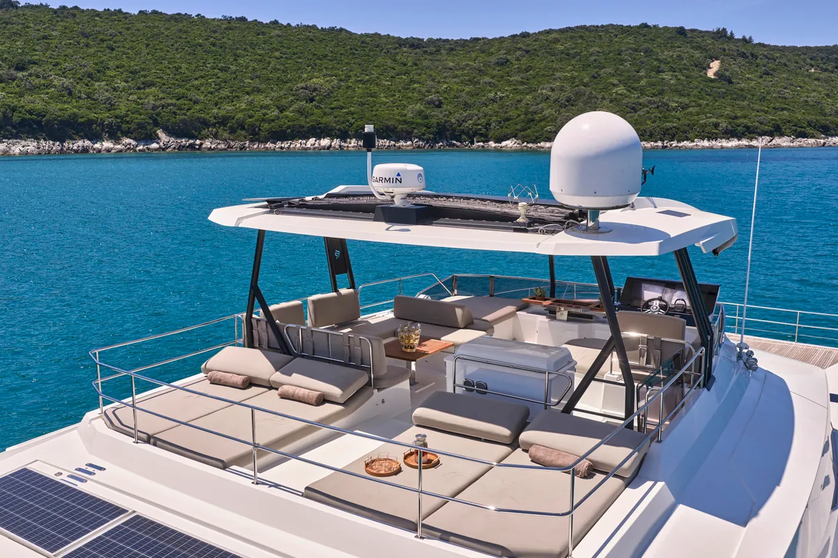 Ariva, a Fountaine Pajot Power 67 catamaran at Kontokali, Greece