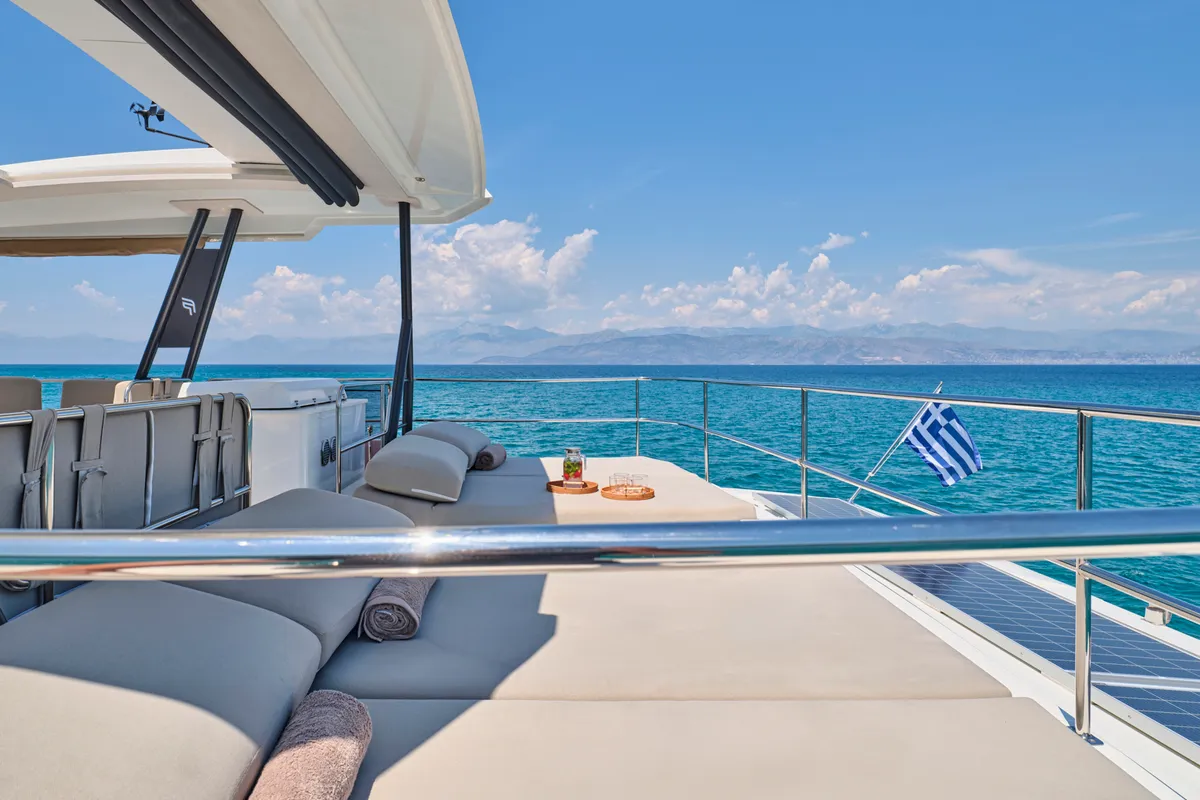 Ariva, a Fountaine Pajot Power 67 catamaran at Kontokali, Greece