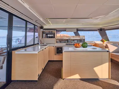 Galley of Ariva, a Fountaine Pajot Power 67 catamaran at Kontokali, Greece