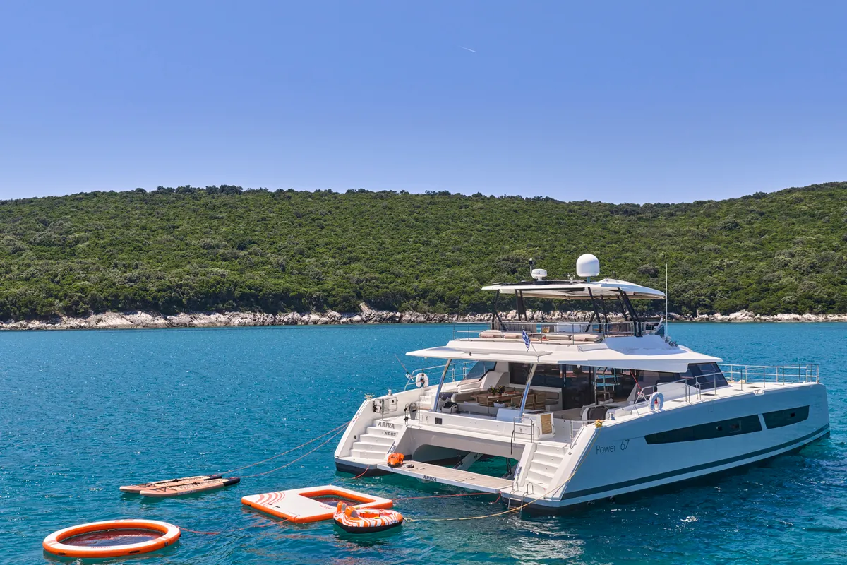 Ariva, a Fountaine Pajot Power 67 catamaran at Kontokali, Greece
