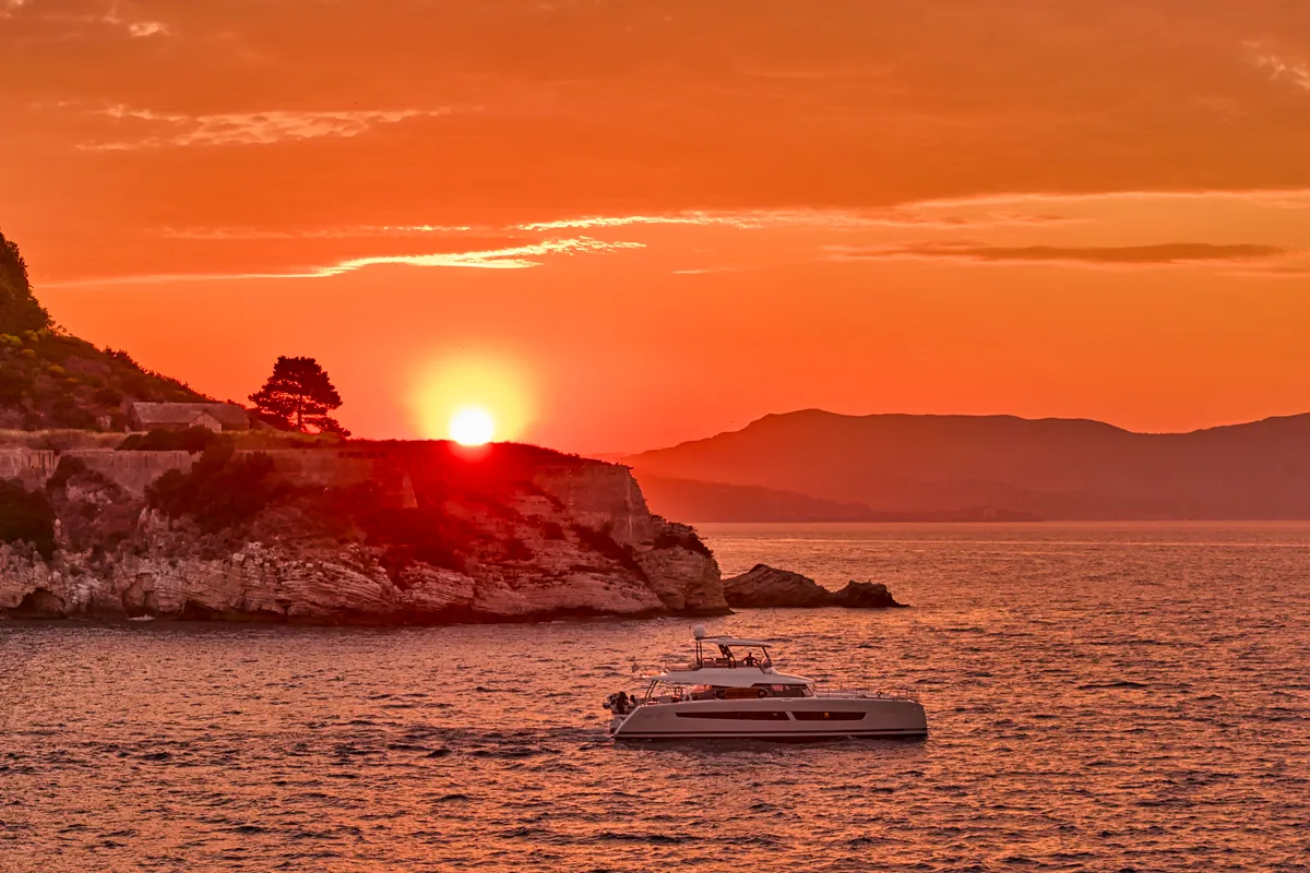 Ariva, a Fountaine Pajot Power 67 catamaran at Kontokali, Greece