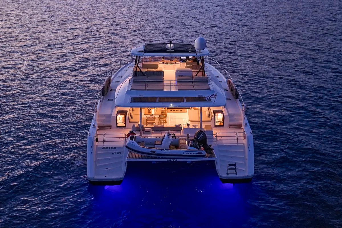 Ariva, a Fountaine Pajot Power 67 catamaran at Kontokali, Greece