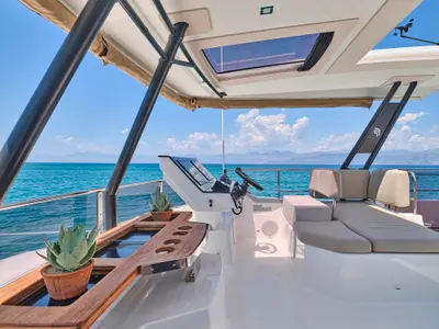 Cockpit of Ariva, a Fountaine Pajot Power 67 catamaran at Kontokali, Greece