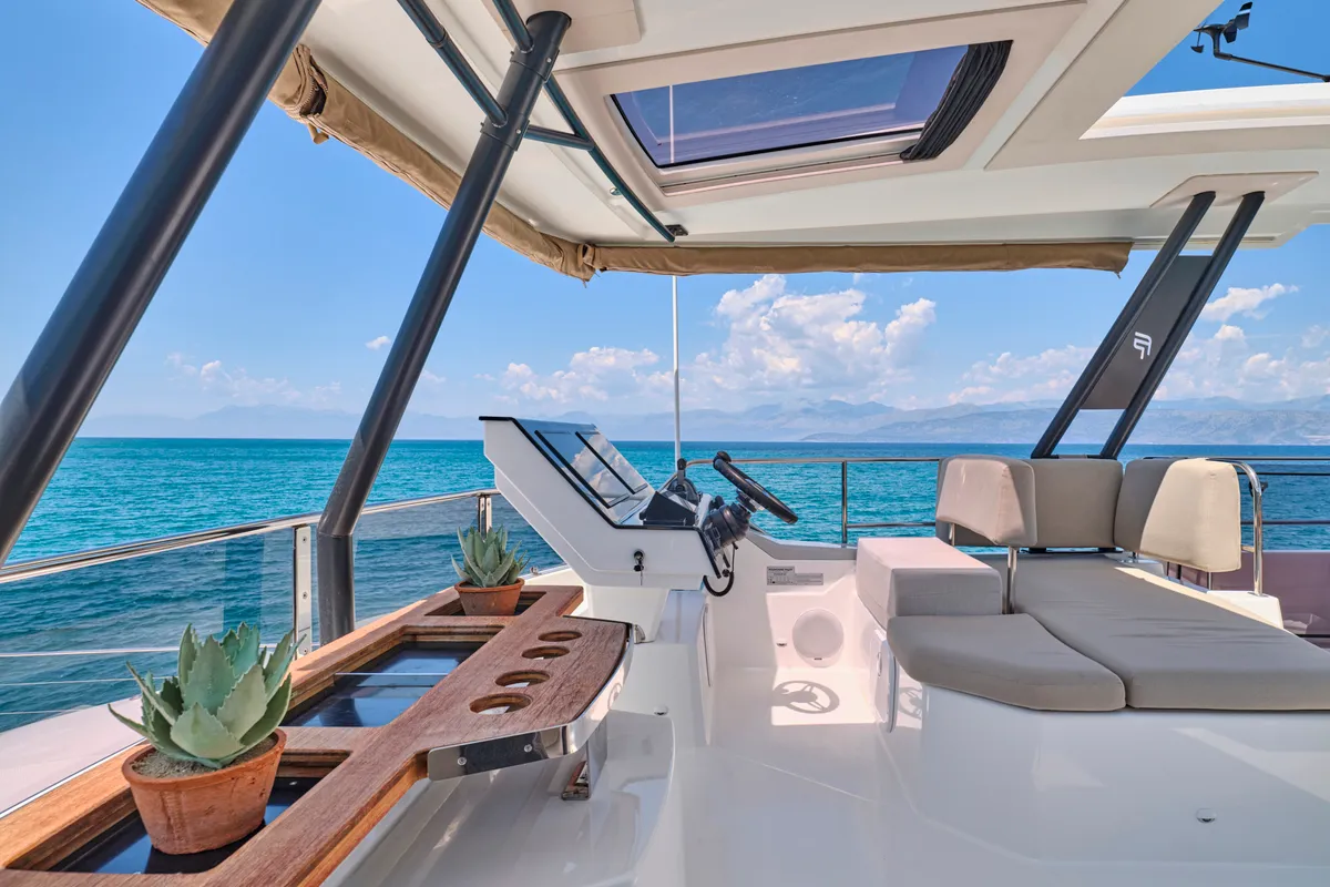 Ariva, a Fountaine Pajot Power 67 catamaran at Kontokali, Greece