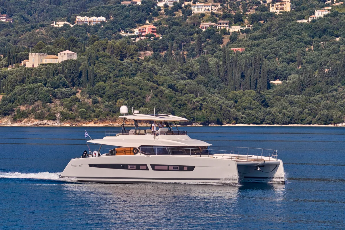 Ariva, a Fountaine Pajot Power 67 catamaran at Kontokali, Greece