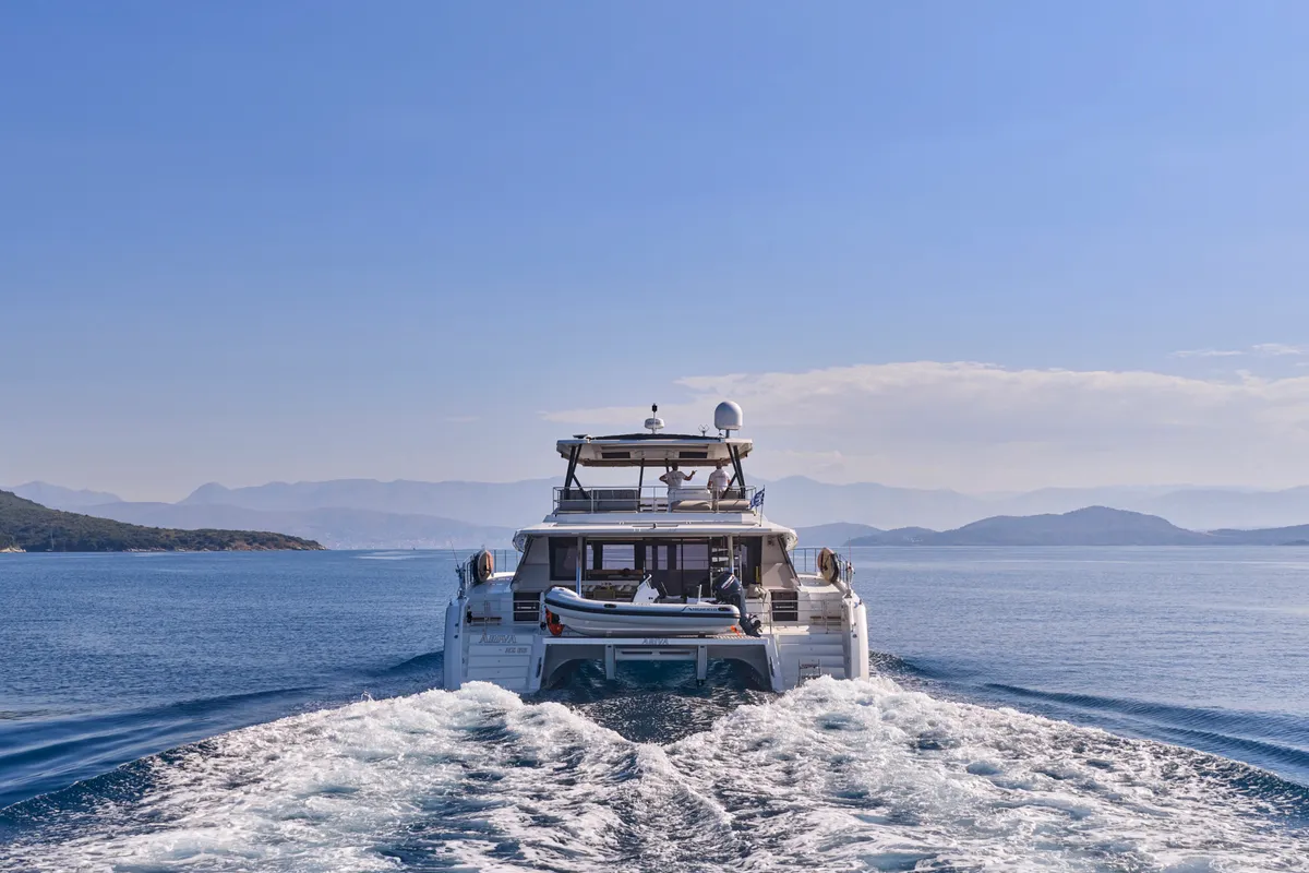 Ariva, a Fountaine Pajot Power 67 catamaran at Kontokali, Greece