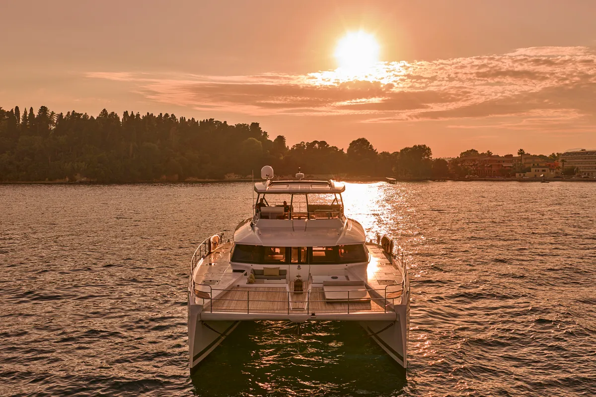 Ariva, a Fountaine Pajot Power 67 catamaran at Kontokali, Greece