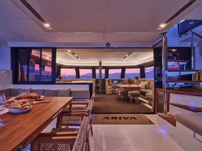 Salon of Ariva, a Fountaine Pajot Power 67 catamaran at Kontokali, Greece