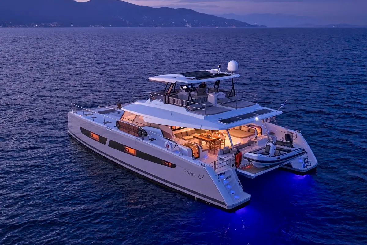 Ariva, a Fountaine Pajot Power 67 catamaran at Kontokali, Greece