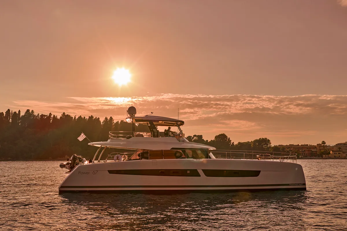 Ariva, a Fountaine Pajot Power 67 catamaran at Kontokali, Greece