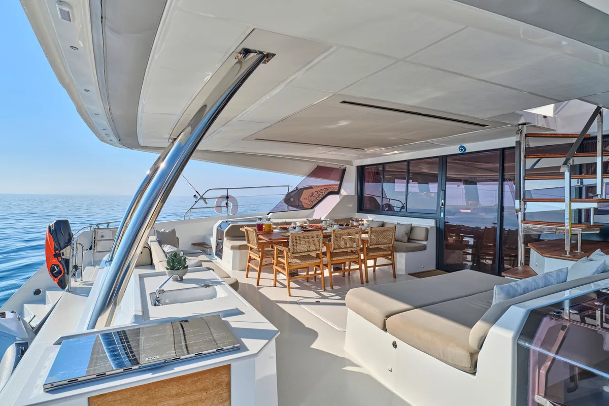 Ariva, a Fountaine Pajot Power 67 catamaran at Kontokali, Greece