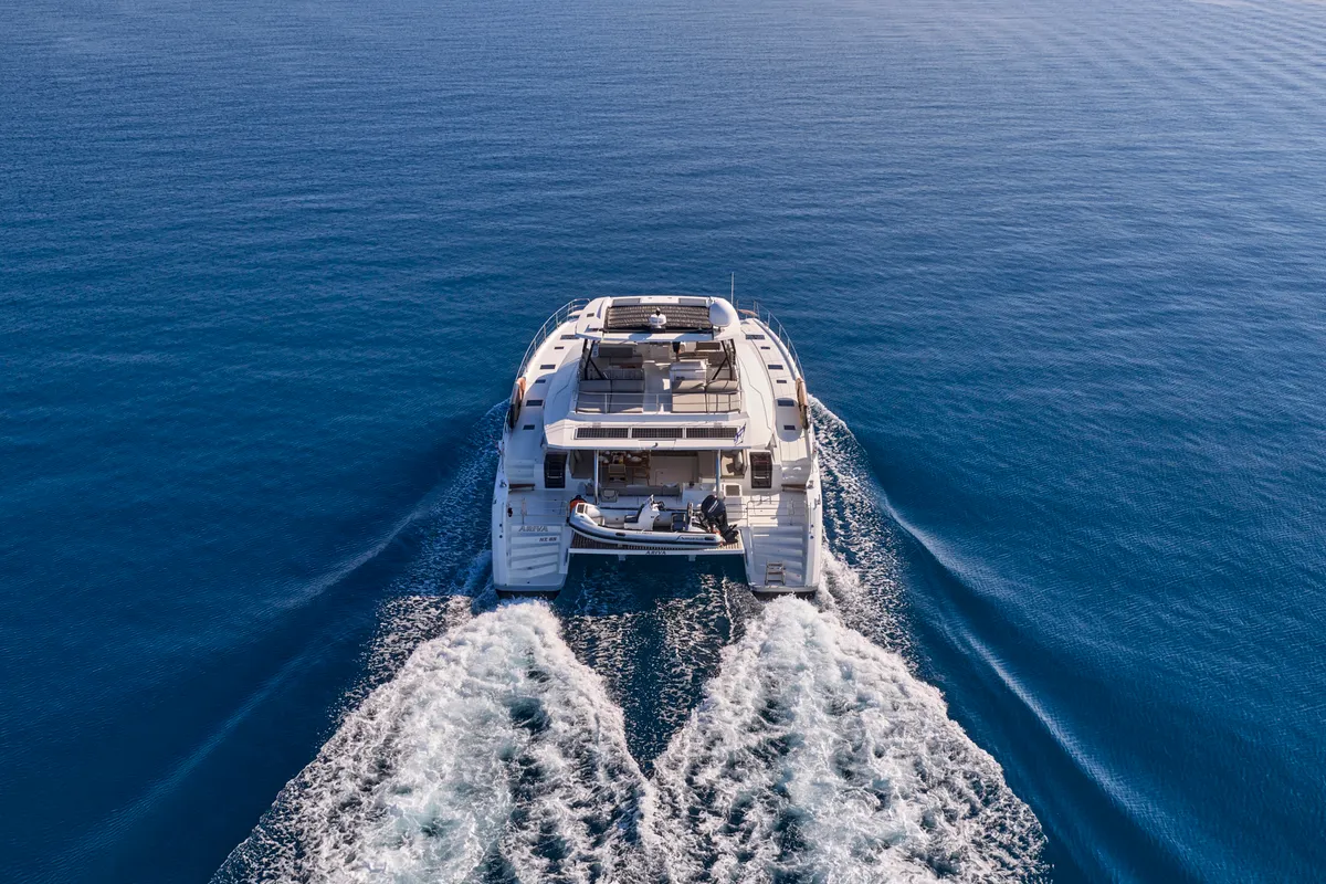 Ariva, a Fountaine Pajot Power 67 catamaran at Kontokali, Greece