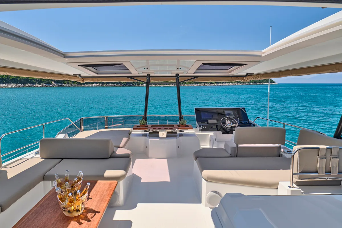 Ariva, a Fountaine Pajot Power 67 catamaran at Kontokali, Greece