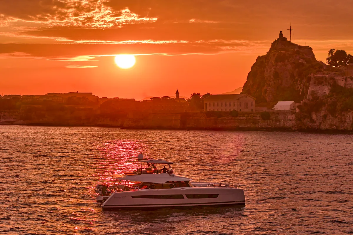 Ariva, a Fountaine Pajot Power 67 catamaran at Kontokali, Greece
