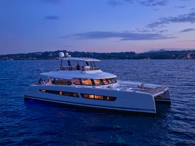 Ariva, a Fountaine Pajot Power 67 catamaran at Kontokali, Greece