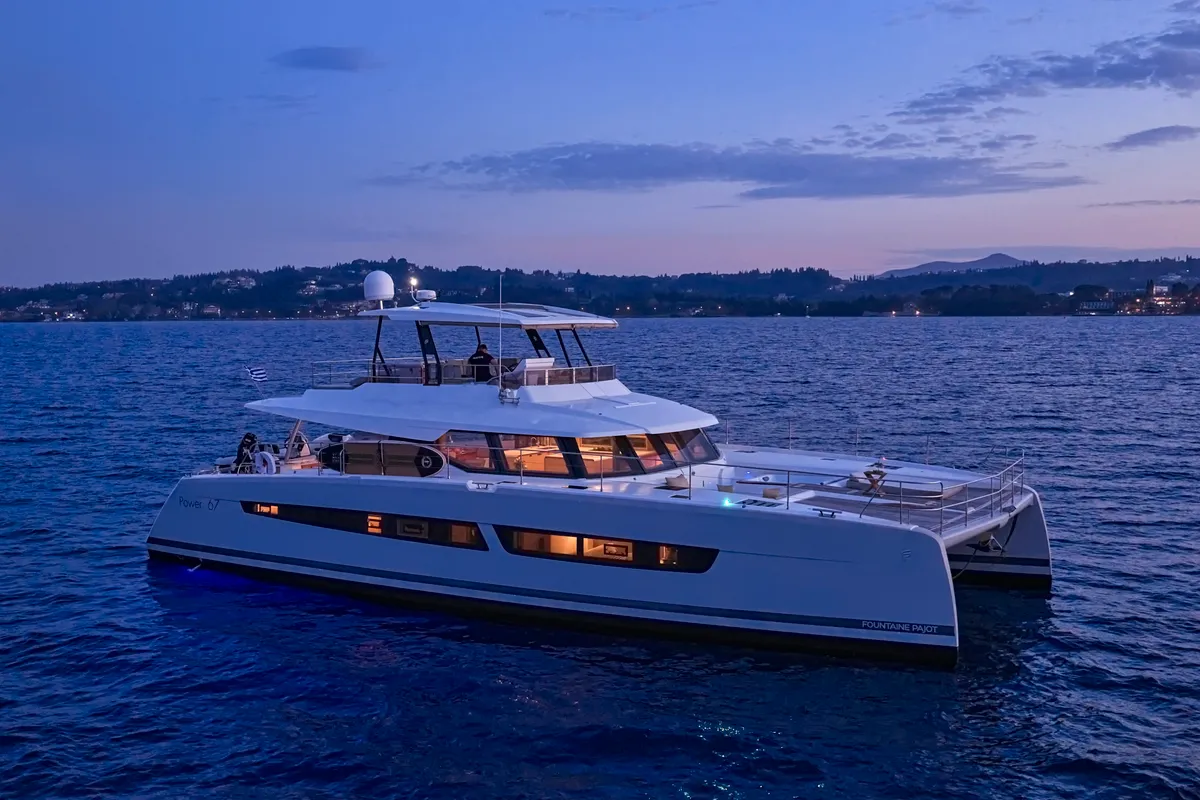 Ariva, a Fountaine Pajot Power 67 catamaran at Kontokali, Greece