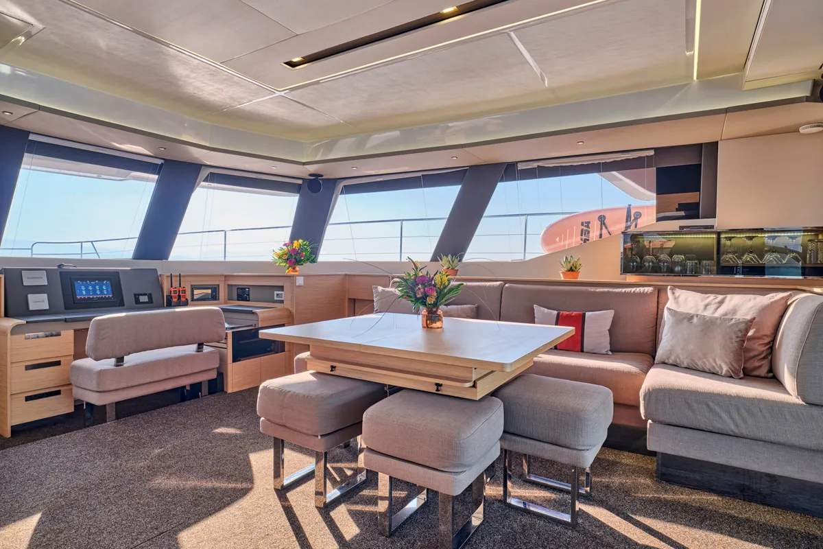 Ariva, a Fountaine Pajot Power 67 catamaran at Kontokali, Greece