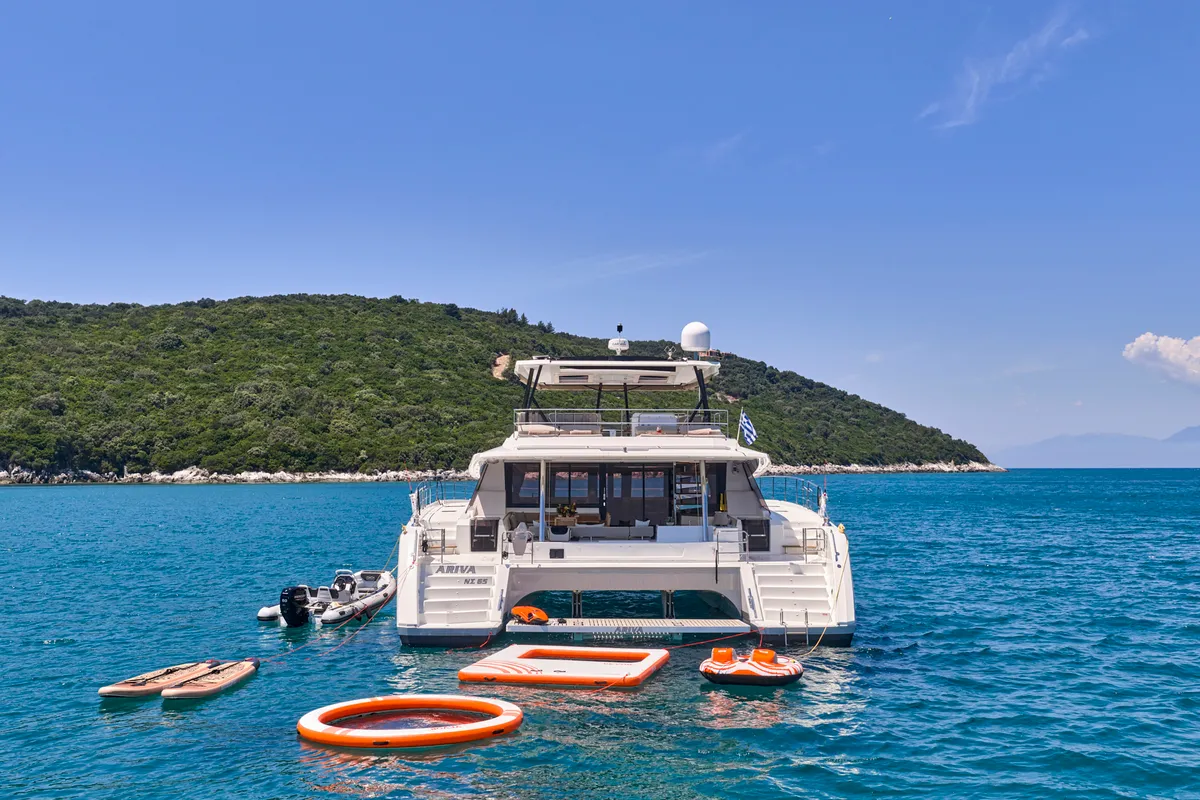 Ariva, a Fountaine Pajot Power 67 catamaran at Kontokali, Greece